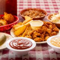Gator Tail Dinner · Served with white beans, coleslaw, pickles and onions, french fries and world-famous hush pu...