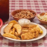 1 Piece Catfish Fillet Dinner · Served with white beans, coleslaw, pickles and onions, french fries and world-famous hush pu...