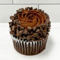 Gf Chocolate Cupcake · GF chocolate cake topped with chocolate fudge icing and mini chocolate chips