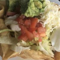 Taco Salad Lunch · Crispy flour shell filled with shredded chicken or ground beef, beans, lettuce, tomato, sour...