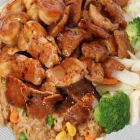 Chicken, Beef & Shrimp Teriyaki · Served with white rice or fried rice and mixed vegetables.
