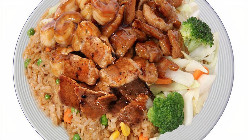 Chicken, Beef & Shrimp Teriyaki · Served with white rice or fried rice and mixed vegetables.