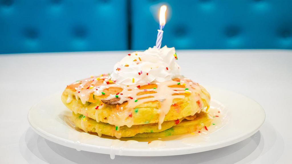 Birthday Cake · Our vanilla-glazed, rainbow sprinkled stak even has a candle to help you celebrate any occasion!