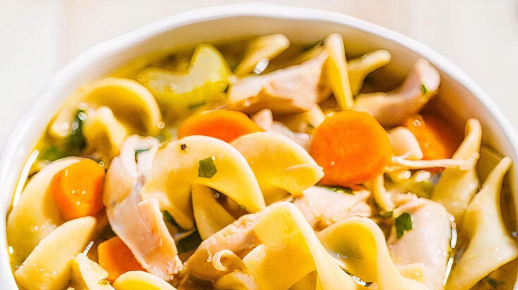 Chicken Noodle Soup · Ingredients:
Chicken Broth, Cooked white chicken meat, Carrots Egg noodles (semolina wheat, wheat flour, egg), Celery.