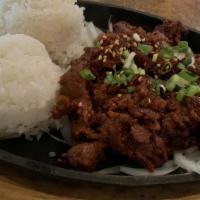 Daeji Bulgogi · Thinly sliced lean pork loin marinated in spicy chili sauce, and special soy sauce.