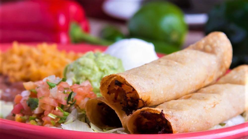 Mexican Taquitos · Three lightly fried rolled corn tortillas, filled with chicken or shredded beef. Served with lettuce, pico de gallo, sour cream, and our tasty green sauce.