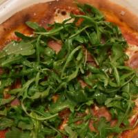 Prosciutto Pizza · Tomato, buffalo mozzarella, parmesan and arugula