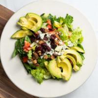 Avocado Blue Cheese Salad · Romaine, tomato, cucumber, avocado, candied walnut, dried cranberries, and blue cheese tosse...