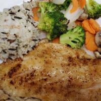 Grilled Grouper · Served with white rice and sautéed mixed veggies.