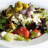 Large Greek Salad · Romaine lettuce, tomato, feta cheese, kalamata olives, pepperoncini, red onions, bell pepper...