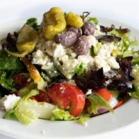 Small Greek Salad · Romaine lettuce, tomato, feta cheese, kalamata olives, pepperoncini, red onions, bell pepper...