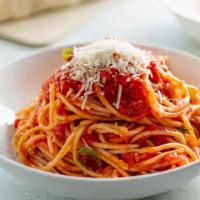 Neapolitan Sauce With Gluten Free Spaghetti Or Regular Pasta · Homemade Neapolitan sauce, fresh basil,