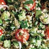 Quinoa Tabbouleh (Gf) (V) · Gluten Free. Vegan.  Chopped parsley,  quinoa,  tomato,  mint,  onion,  beets,  with lemon a...