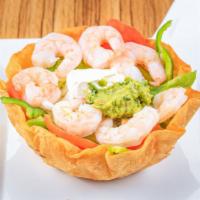 Shrimp Salad · A crispy flour tortilla bowl filled with lettuce, grilled shrimp, fresh onion, tomato and be...