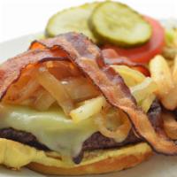 Classic Swiss Burger · Mesquite grilled 8 ounce burger, Swiss, sautéed onions, bacon, choice of side item