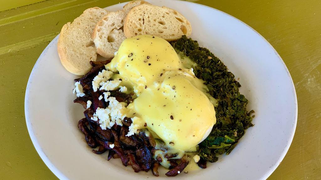 Shiitake Benny · Vegetarian. Same as the root benny but replace the ham with grilled Plethora Farms shiitake mushrooms and feta from White River Creamery.