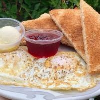 Two Eggs & Toast · Vegetarian, gluten-free. Two farm fresh eggs any style served with whole wheat toast, butter...