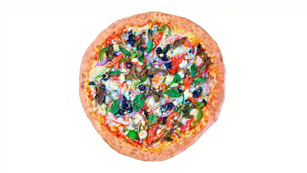 Small Super Veggie Pizza And Wings · Delightful mix of market-fresh mushrooms, tomatoes, spinach, artichokes, broccoli, red onions, green peppers, garnished with fresh garlic on an olive oil base pizza. Comes with 6 wings of your flavor choice.