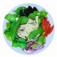 Grilled Chicken Salad And Wings · Fresh green lettuce mix, tomatoes, black olives, red onions, bell peppers, shredded mozzarel...