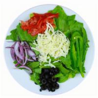 House Salad And Wings · Fresh green lettuce mix, tomatoes, black olives, red onions, bell peppers, shredded mozzarel...