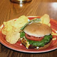 Burger · Lamplighter's classic beef burger with chips and choice of tomato, onion, lettuce, ketchup, ...