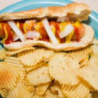 Veggie Dog · A veggie dog on a bun with your choice; ketchup, cheese, mustard, onion, pickles. Served wit...
