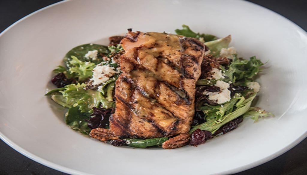 Grilled Salmon Salad · Mesclun mix, sliced Granny Smith apples, spiced pecans, dried cranberries, feta cheese