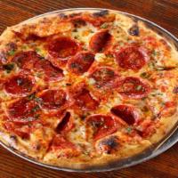 Pepperoni Pizza · Pizza sauce, Italian pepperoni, provolone, mozzarella, cheddar and grated Parmesan.