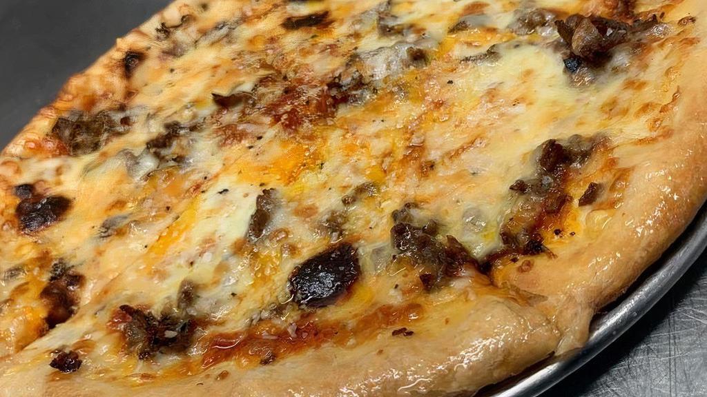 Philly Cheese Pizza · Steak or chicken, red sauce, mozzarella, American cheese