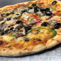Supreme Pizza · Italian sausage, pepperoni, peppers, onions, mushrooms, black olives, pizza sauce.