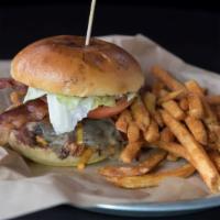 Overton Burger · Pepper jack cheese, bacon, fried onions, lettuce, tomato and Sriracha mayonnaise.