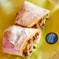 Mission Style Burrito · Choice of carne, Mexican rice, pinto beans, cheese, guacamole, and sour cream. Served in flo...