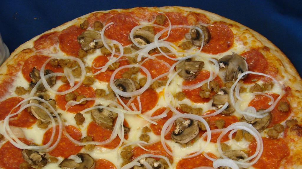 Small Supreme Pizza · Extra cheese, pepperoni, sausage, onions and mushrooms.