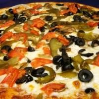 Large Vegetarian Pizza · Extra cheese, mushrooms, diced tomatoes, black olives, sweet peppers and onions.