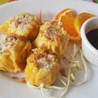 Steamed Dumplings (5 Pieces) · Soft steamed dumplings filled with ground pork, onions, vegetables.  Garnished with fried ga...