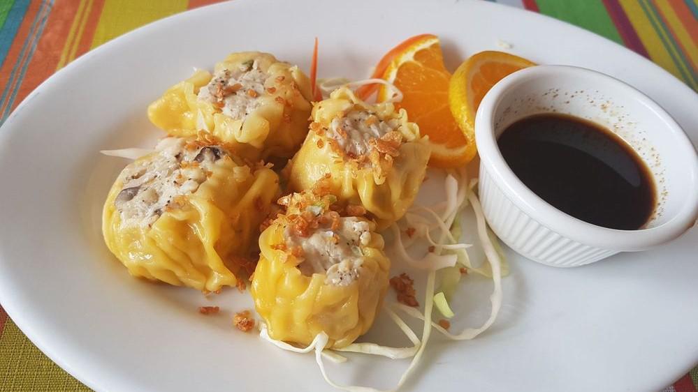 Steamed Dumplings (5 Pieces) · Soft steamed dumplings filled with ground pork, onions, vegetables.  Garnished with fried garlic and cilantro.  Served with dumpling sauce.
