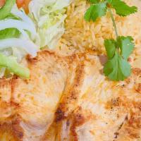 Pollo Loco · Marinated grilled chicken, served with tossed salad, rice and tortillas.