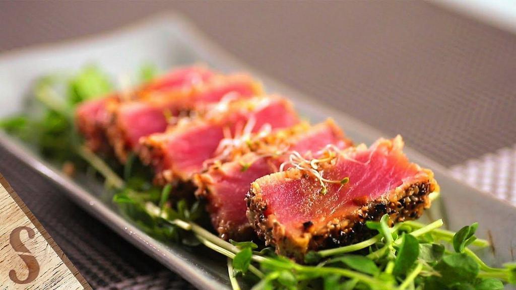 Black Pepper Tuna (Raw) · Halfway cooked pepper tuna with chef special sauce.