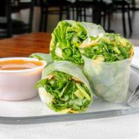 Spring Rolls · Spinach, romaine, carrots, cucumbers, mint, cilantro, avocado, hand-rolled in rice paper ser...