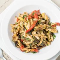 Greek Orzo Salad · Tiny orzo pasta with roasted vegetables a balsamic vinaigrette and herbs.