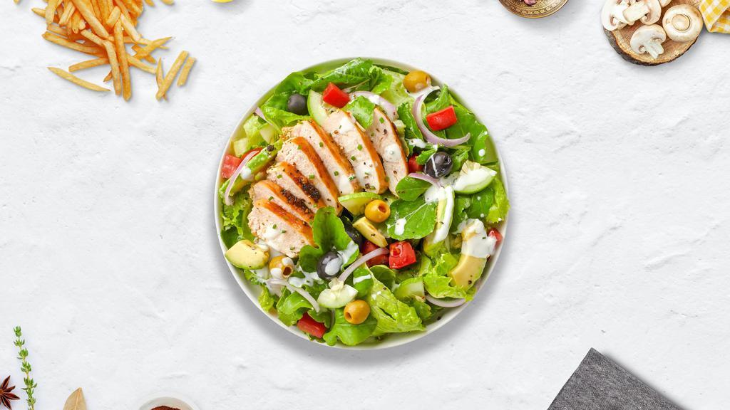 Chicken Salad · Fresh green lettuce mix, tomatoes, onion, green peppers, black and green olives and cheese with grilled chicken marinated with a combination of Greek and Italian. Topped with parmesan cheese.