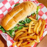 Po' Boy · On a soft French bread toasted with garlic butter, lettuce, tomato, remoulade sauce and frie...