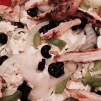 Grilled Chicken Salad · Chicken, onions, tomatoes, green peppers, black olives, mozzarella, cheddar, and mixed lettu...