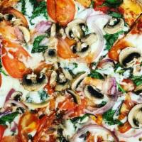 Veggie Pizza · Mozzarella cheese, fresh Spinach, mushrooms, onions, black olives, tomatoes and extra cheese