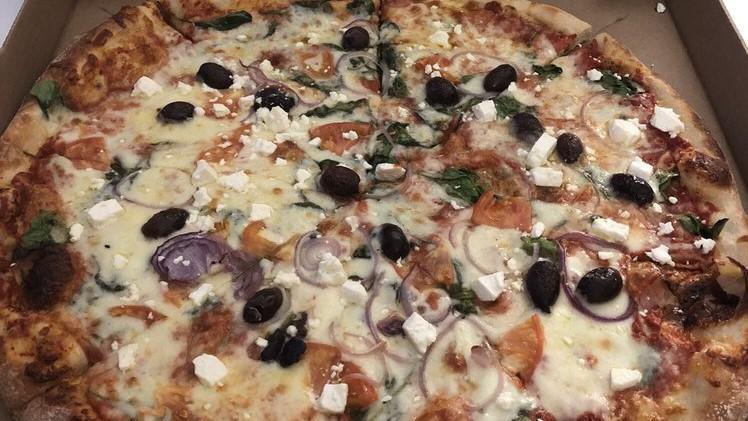 Greek Pizza · Mozzarella cheese, fresh spinach, tomatoes, kalamata olives, onions, feta cheese and extra virgin olive oil.