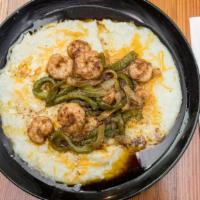 Shrimp, Grits, And Cornbread · Served with onions, bell pepper, and cheese.