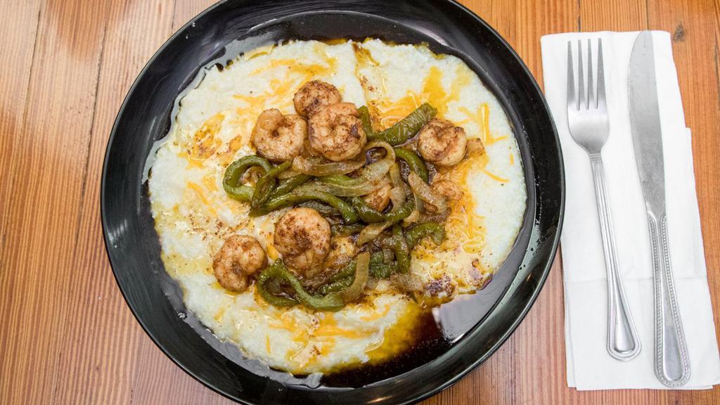 Shrimp, Grits, And Cornbread · Served with onions, bell pepper, and cheese.
