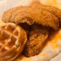 Fish, 1 Side, And Cornbread · Southern Fried fish, 1 Side, and one Cornbread Waffle with butter.