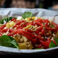 Spinach Salad · Fresh spinach, roasted red peppers, feta cheese, artichokes, & sunflower seeds