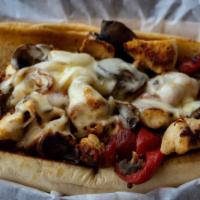 Chicken Philly · Grilled chicken breast, grilled onions, roasted red peppers, mushrooms, provolone, & garlic ...